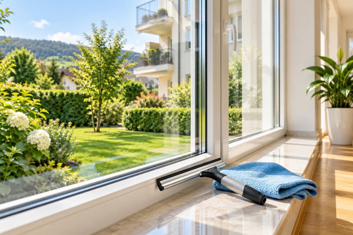 Fensterreinigung an einer Glasfläche