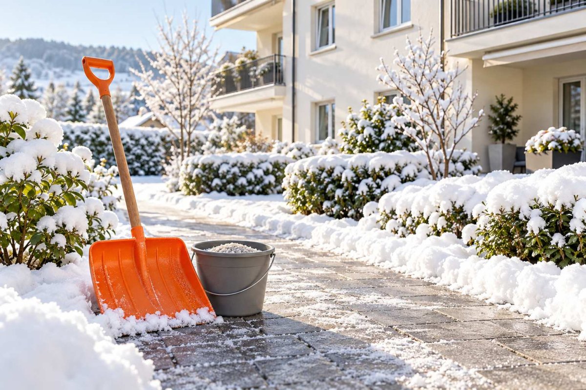 Gepflegter Vorplatz und Weg dank Schneeschaufel, Salz gegen Glatteis